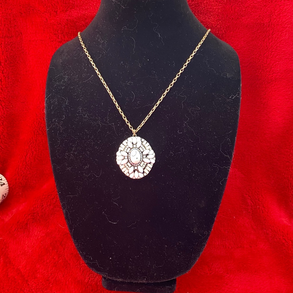 LOFT  white stone pendant, bronze tone chain 16in